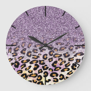 Cute girly trendig lila faux glitter leopard stor klocka