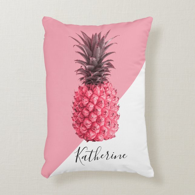 Cute, girly tropical rosa och vit ananas prydnadskudde (Framsidan(Vertikal))