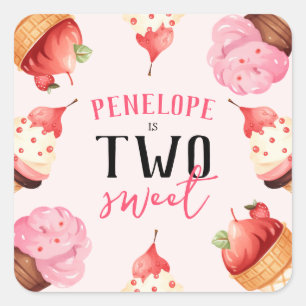Cute Girly Two Sweet Ice Cream Birthday Fyrkantigt Klistermärke