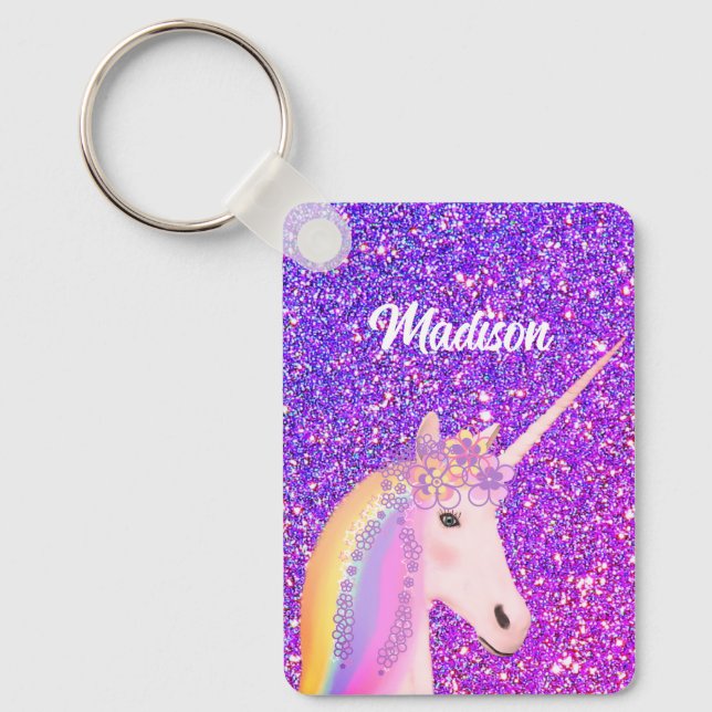 Cute Girly Unicorn Lila Glitter Personlig Nyckelring (Framsida)