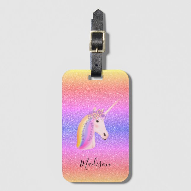 Cute Girly Unicorn Rainbow Glitter Personlig Bagagebricka (Framsida vertikal)