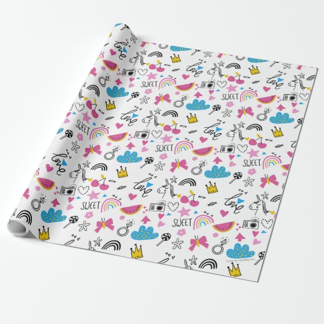 Cute Girly Unicorn Rainbow Hearts Whimsical Presentpapper (Utrullad)