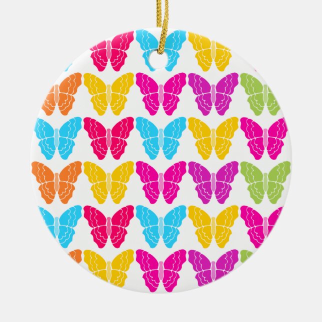 Cute Girly Vibrant Rainbow Butterfly Mönster Julgransprydnad Keramik (Framsidan)