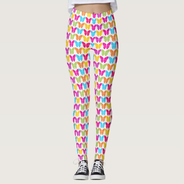 Cute Girly Vibrant Rainbow Butterfly Mönster Leggings (Framsida)