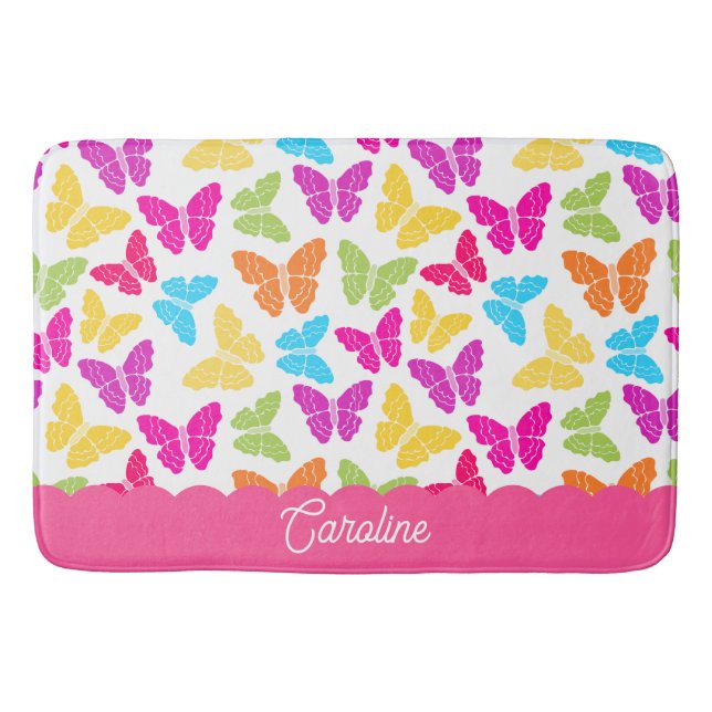 Cute Girly Vibrant Rainbow Butterfly Mönster Namn Badrumsmatta (Framsidan)