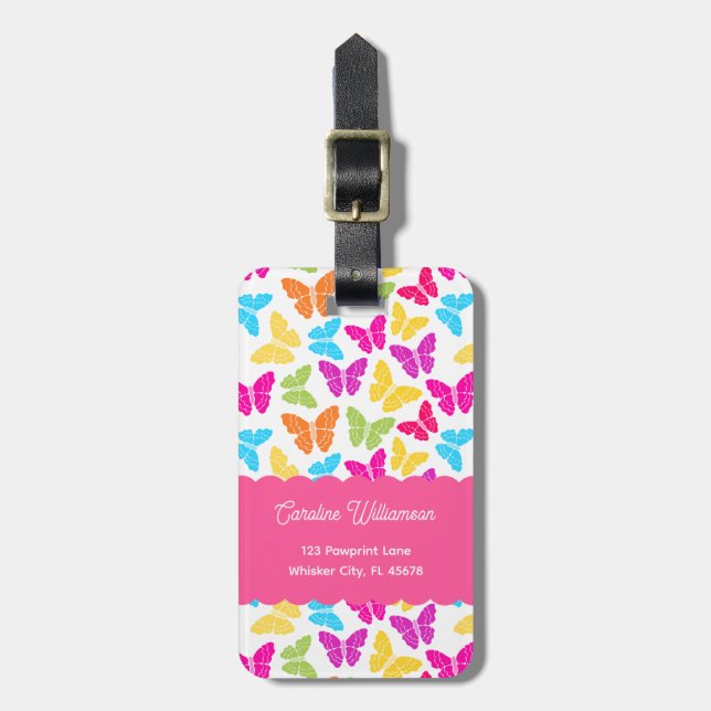 Cute Girly Vibrant Rainbow Butterfly Mönster Namn Bagagebricka (Vertikal Framsida)