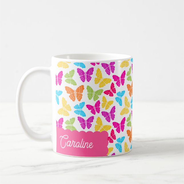 Cute Girly Vibrant Rainbow Butterfly Mönster Namn Kaffemugg (Vänster)