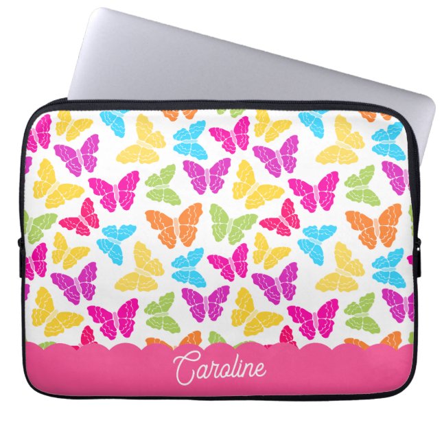 Cute Girly Vibrant Rainbow Butterfly Mönster Namn Laptop Fodral (Framsidan)