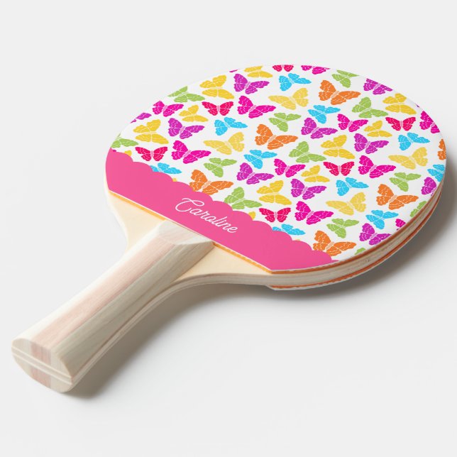 Cute Girly Vibrant Rainbow Butterfly Mönster Namn Pingisracket (Ryggvinkel)