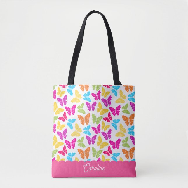 Cute Girly Vibrant Rainbow Butterfly Mönster Namn Tygkasse (Framsida)