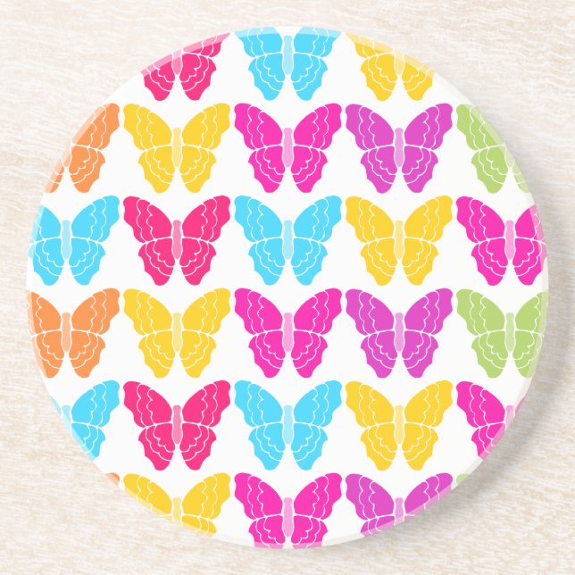 Cute Girly Vibrant Rainbow Butterfly Mönster Underlägg Sandsten (Framsidan)