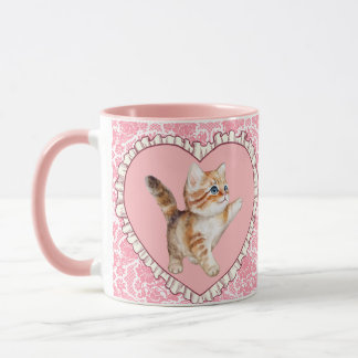 Cute Girly Vintage Rosa Blommigt Mugg Kitten Heart