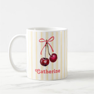 Cute Girly Watercolor Cherry Bow med Namn Kaffemugg