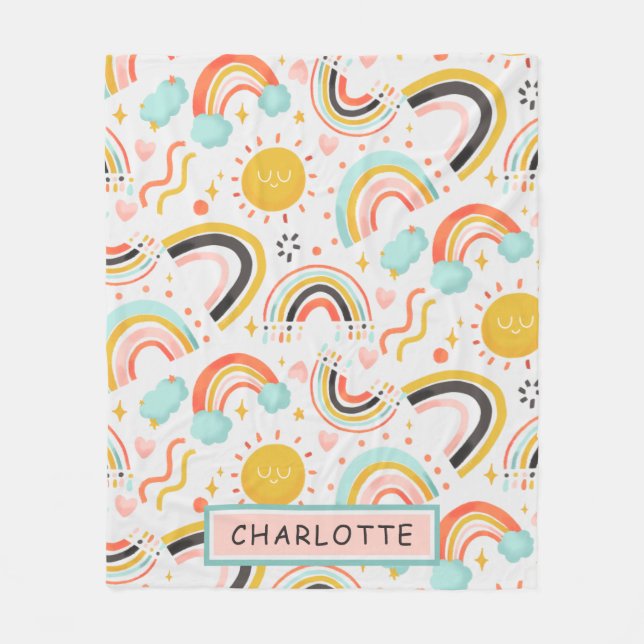 Cute Girly Whimsic Colorful Rainbow Heart Namn Fleecefilt (Framsidan)