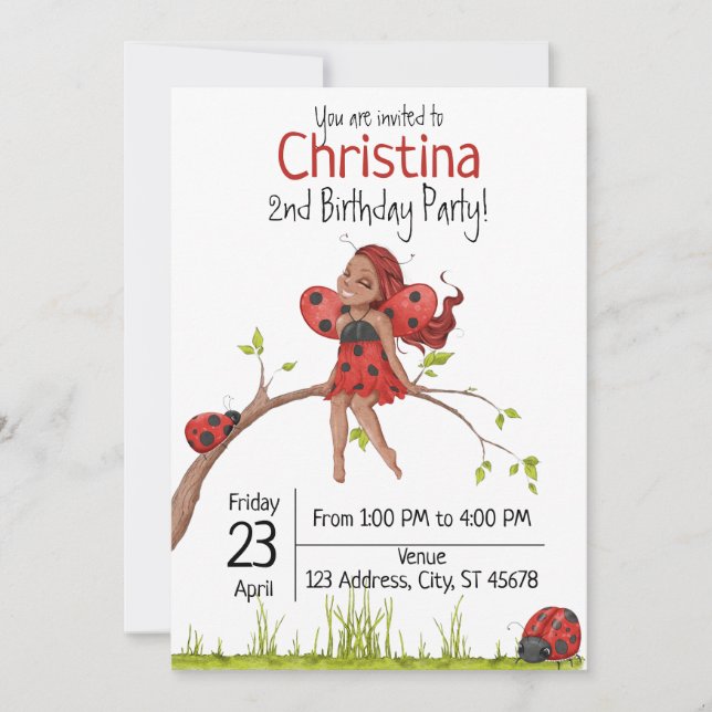 Cute Girly Whimsical LadyBug 2:a födelsedagen Inbjudningar (Framsida)