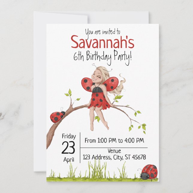 Cute Girly Whimsical LadyBug 6e Birthday Inbjudningar (Framsida)