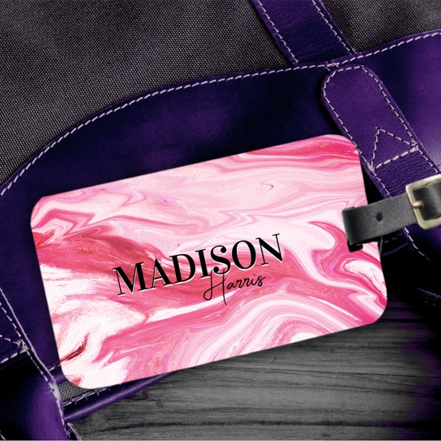 Cute girred rosa marble art monogram bagagebricka (Skapare uppladdad)