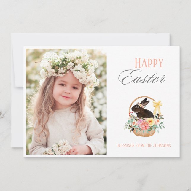 Cute Glad påsk Bunny Basket Photo Julkort (Framsida)