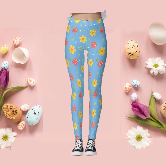 Cute Glad påsk Bunny Eggs Blommigt Blue Leggings (Skapare uppladdad)