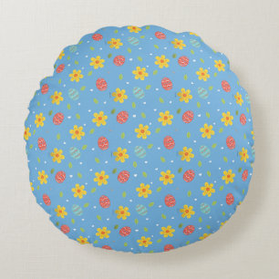 Cute Glad påsk Bunny Eggs Blommigt Blue Rund Kudde