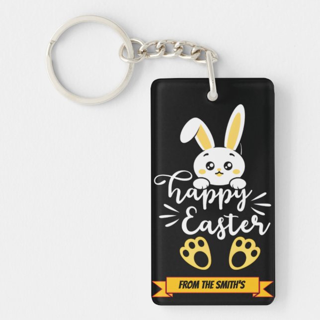 Cute Glad påsk Bunny med Gult Tass avtryck Nyckelring (Framsidan)