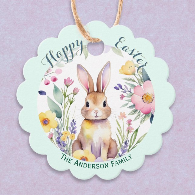 Cute Glad påsk Bunny och Flowers Personlig Gåvor Etiketter (A personalized gift tag, with illustration of the Easter bunny among flowers in a watercolor style)