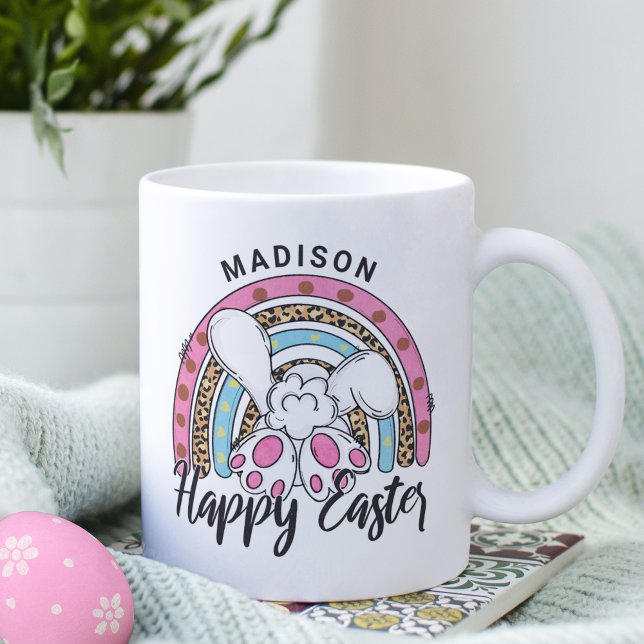 Cute Glad påsk Bunny Rabbit Rainbow Add Namn Kaffemugg (Skapare uppladdad)