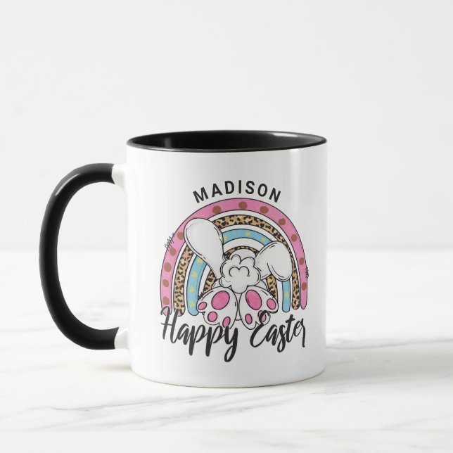 Cute Glad påsk Bunny Rabbit Rainbow Add Namn Mugg (Vänster)