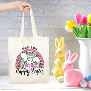 Cute Glad påsk Bunny Rabbit Rainbow Add Namn Tygkasse