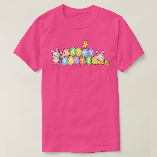 Cute GLAD PÅSK Eggs med Bunny Rabbits Lycklig E T Shirt (Design framsida)