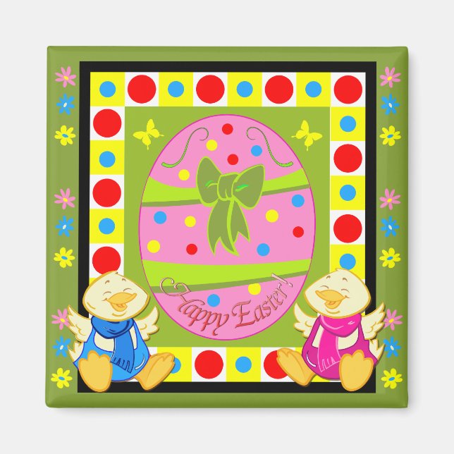 Cute Glad påsk magnet med ägg och kycklingar (Framsidan)
