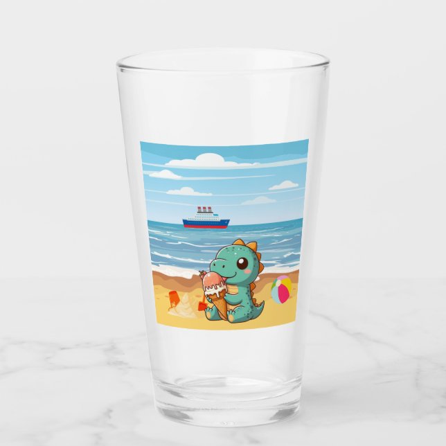 Cute glass som äter dino på stranden glaskopp (Framsida)