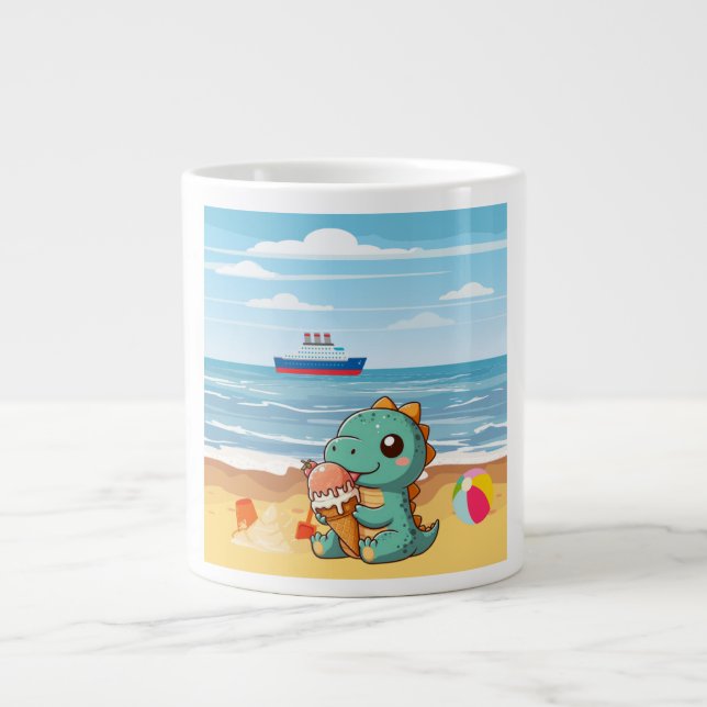 Cute glass som äter dino på stranden jumbo mugg (Framsidan)