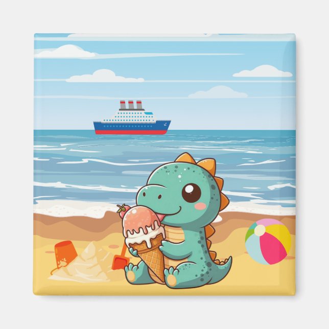 Cute glass som äter dino på stranden magnet (Framsidan)