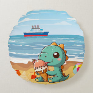 Cute glass som äter dino på stranden rund kudde