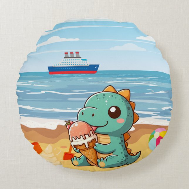 Cute glass som äter dino på stranden rund kudde (Framsidan)