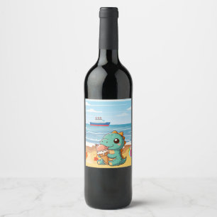 Cute glass som äter dino på stranden vinflaska etikett