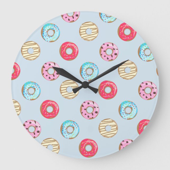Cute Glazed Donut Pattern Light Blue Stor Klocka (Framsida)