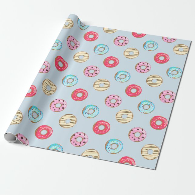 Cute Glazed Doughnut Pattern Light Blue Presentpapper (Utrullad)