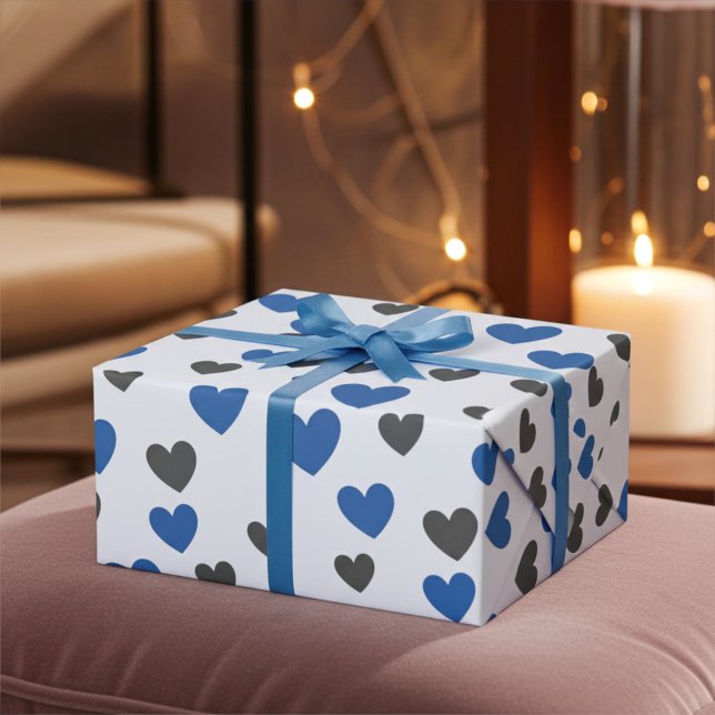 Cute Gliding Hearts - Blue and Grått All-Tillfälle Presentpapper (Skapare uppladdad)