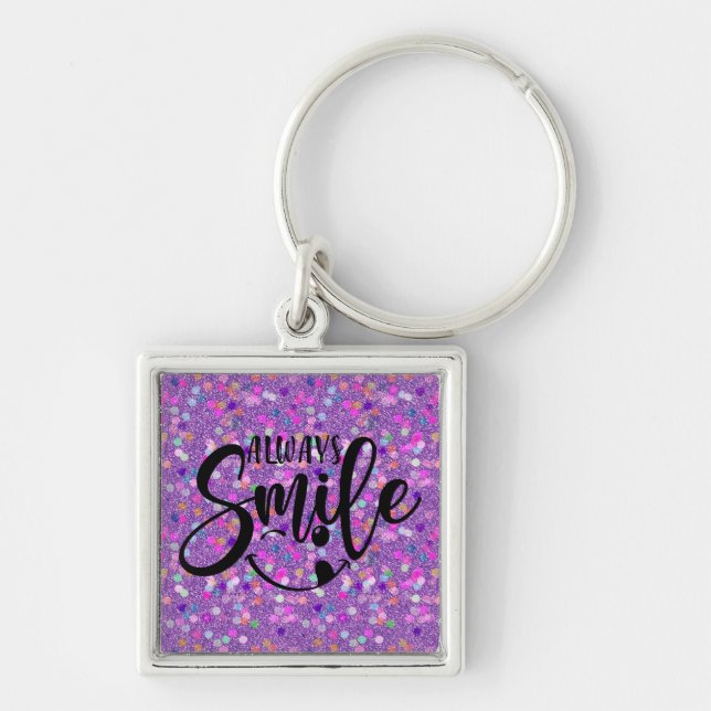 Cute Glitter blankt alltid Smile Keychain Fyrkantig Silverfärgad Nyckelring (Framsidan)