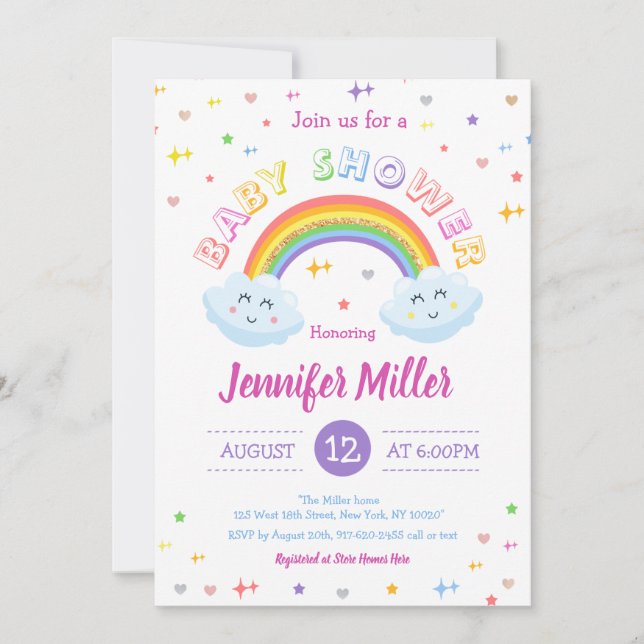 Cute Glitter Rainbow Colorful Clouds Baby Shower Inbjudningar (Framsida)