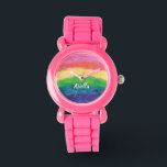 Cute Glitter Rainbow Girls Armbandsur<br><div class="desc">Den färgade regnbåge som målas upp på en glad ljusa färger kommer säkert att göra dig ljusare! Den här designen är en originalhandmålad design som jag lade till matchande färgad glitter i varje övergång till färg. En underbar gåva till födelsedagar, tonåring flickor eller vem som helst som kärlek en glad...</div>