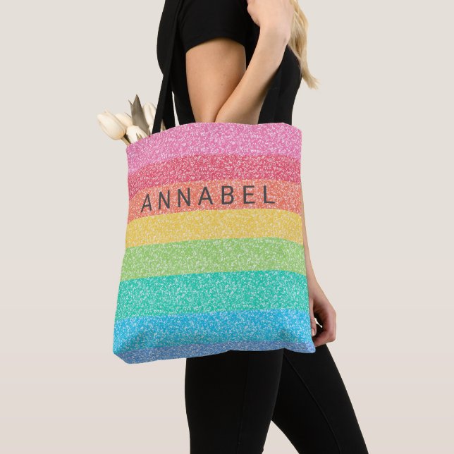 Cute Glitter Rainbow Rand Colorful Mönster Namn Tygkasse (Närbild)