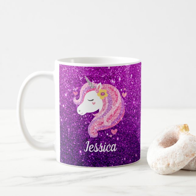 Cute Glitter Rosa Lila Unicorn Kaffemugg (Med munk)