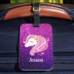 Cute Glitter Unicorn Bagagebricka<br><div class="desc">En söt rosa och lila glitter unicorn ansikte kan kyla. Så roligt för en tjej som kärlek förenar. Anpassa det med dina flickor namn. Designad av Blackberry Boulevard.</div>
