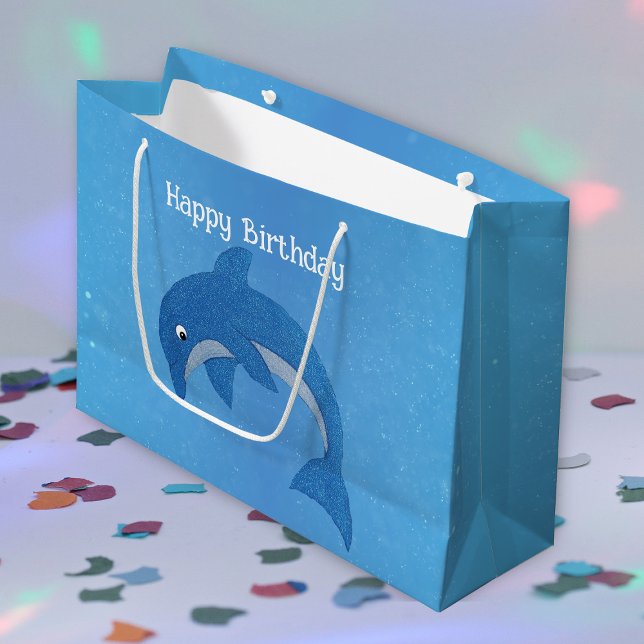 Cute Gnistra Blue White Dolphin Birthday (Sparkle dark blue and white jumping cute dolphin on blue Happy Birthday gift bag.)
