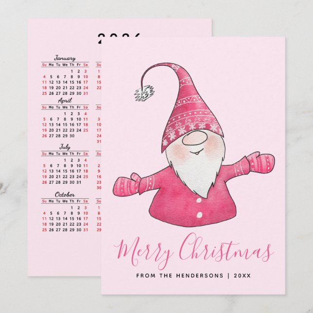 Cute Gnome 2025 Calendar Rosa God jul Julkort (Fram/baksida)