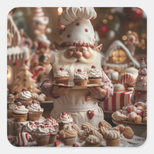 Cute gnome baker omgiven av kakor och behandlingar fyrkantigt klistermärke