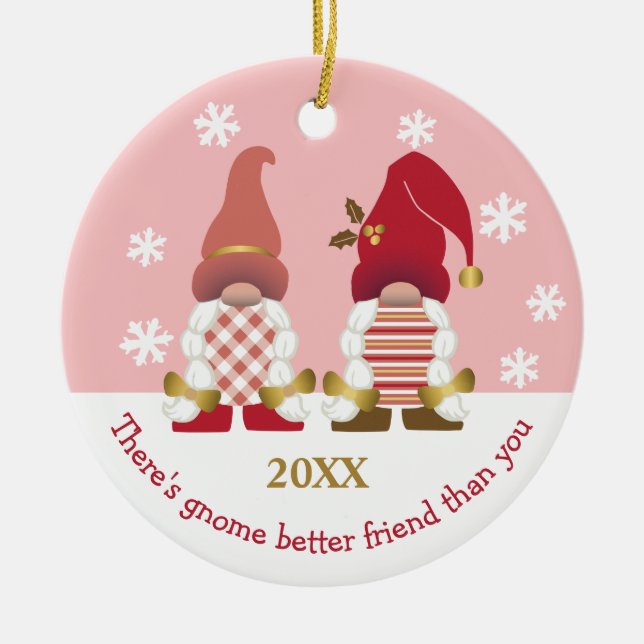 Cute Gnome Better Friend Guld Rosa White Gingham Julgransprydnad Keramik (Framsidan)